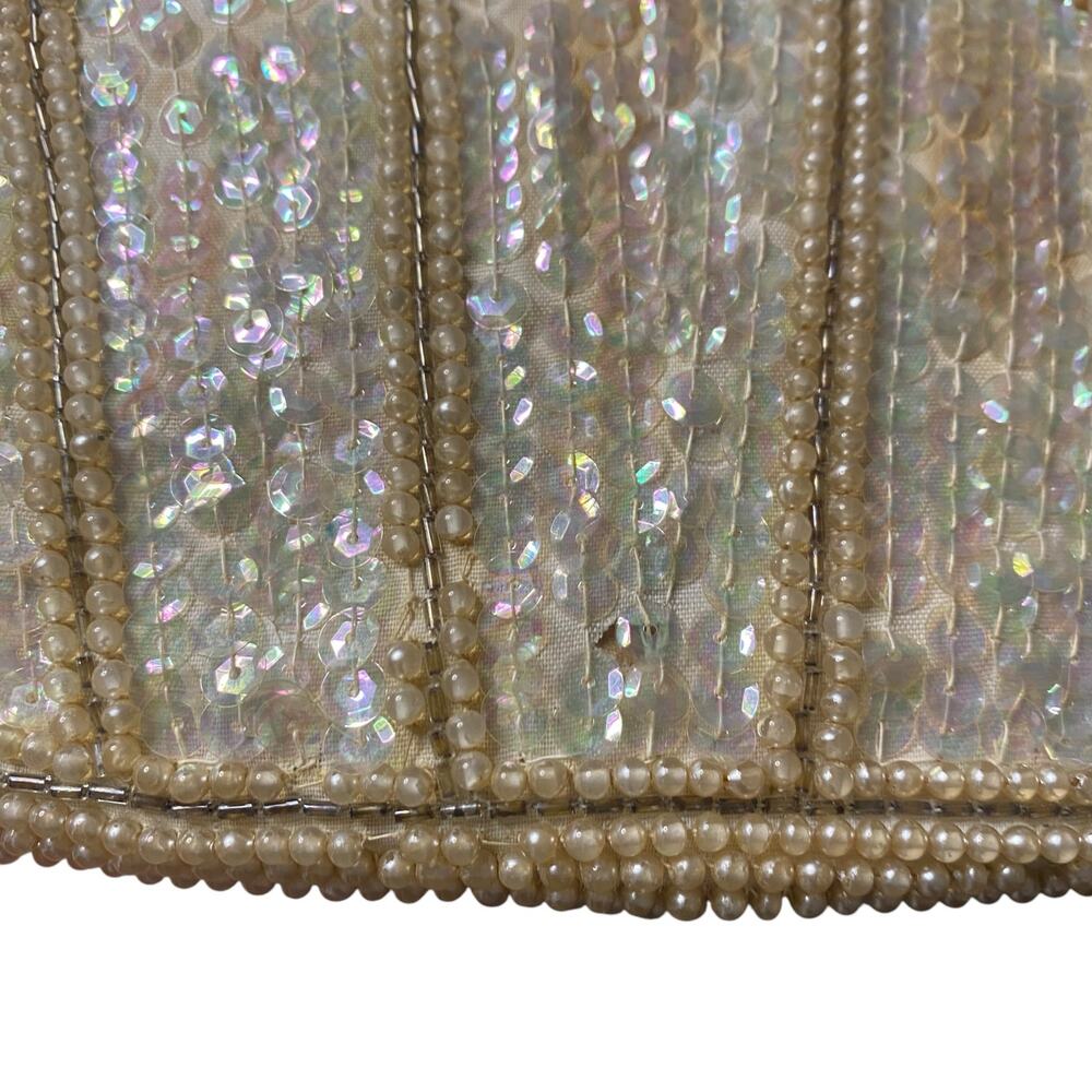 Vintage 1950s Handmade Beaded Cream Sequin and Faux Pearls Coin Purse - Picture 9 of 16